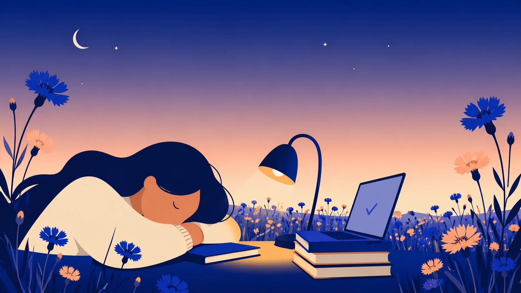 A tired student asleep on her notebook in an impossible blue-dawn cornflower field